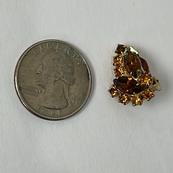 Vintage Gold Tone Brown Orange Marquee Rhinestones Clip On Earrings OS - Picture 7 of 8